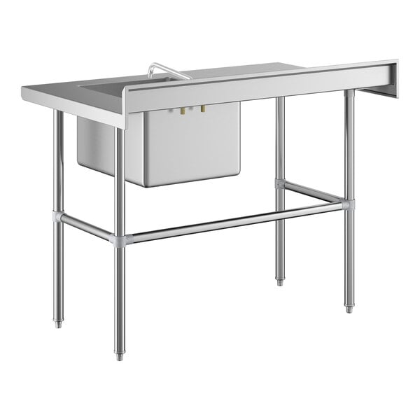 A stainless steel work table with a right-side sink, faucet, and cross-braced legs.