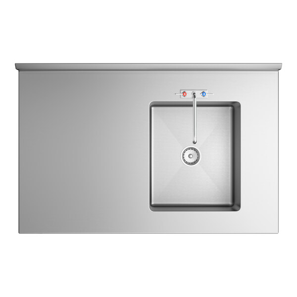 A stainless steel work table with a right-side integrated sink, faucet, and hot and cold water controls.