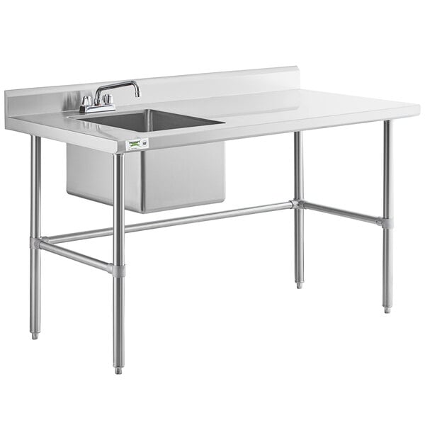 A stainless steel work table with a left-side sink, faucet, and cross bracing.