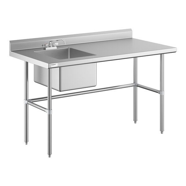 A stainless steel work table with a left-side sink, faucet, and cross-braced legs.