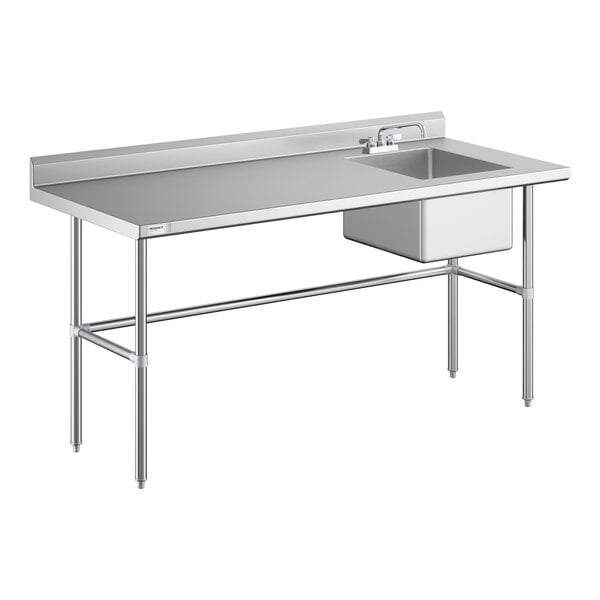 A stainless steel work table with a right-side sink, faucet, and cross-braced legs.