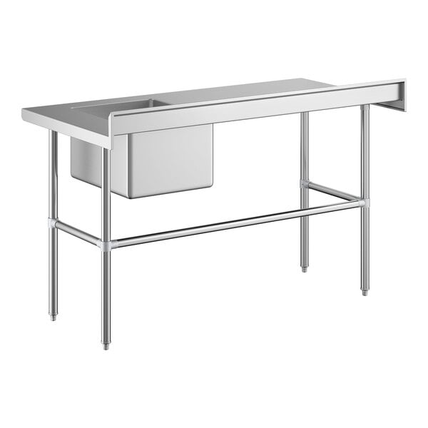 A stainless steel work table with a right-side sink and cross bracing.