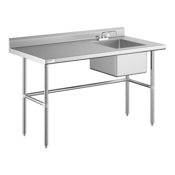 A stainless steel work table with a right-side sink, faucet, and cross-braced legs.