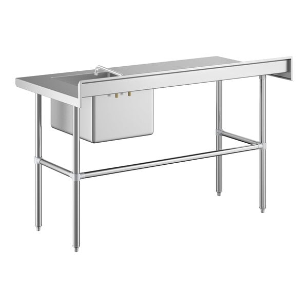 A stainless steel work table with a right-side sink, faucet, and cross-braced legs.