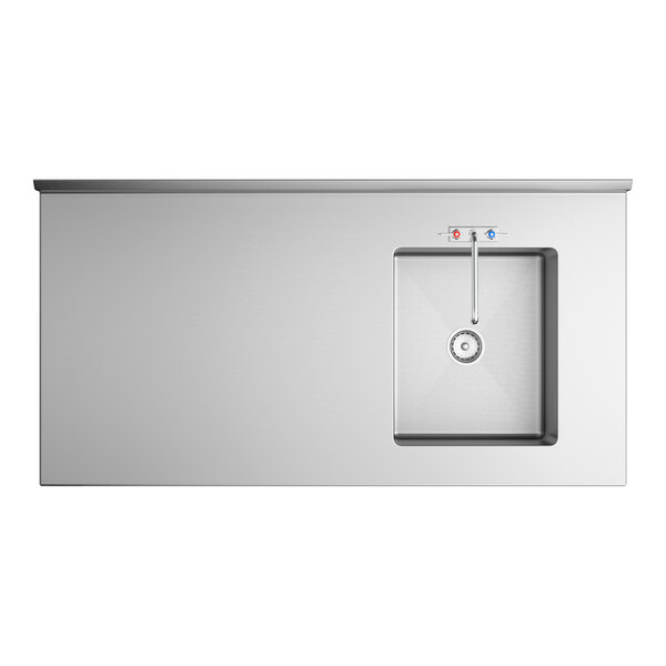 A stainless steel work table with a right-side sink, faucet, and drain, viewed from above.