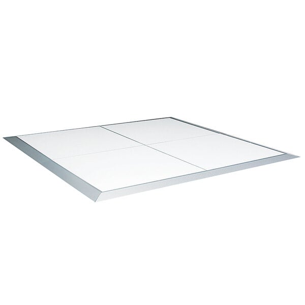 A white square Palmer Snyder portable dance floor panel with silver trim.