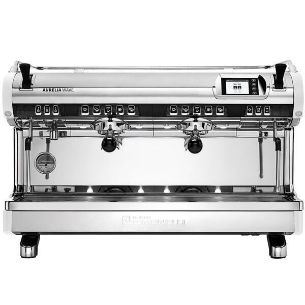 A silver Nuova Simonelli Aurelia Wave espresso machine with black accents.