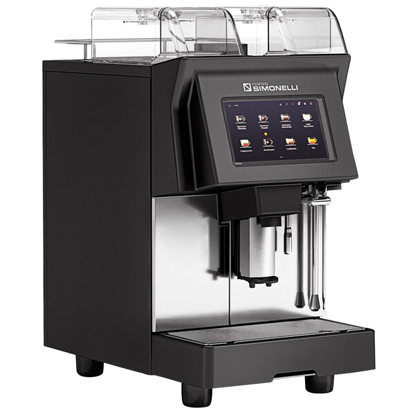 A black and silver Nuova Simonelli ProntoBar Touch 2-Step Super Automatic Espresso Machine with a display on it.
