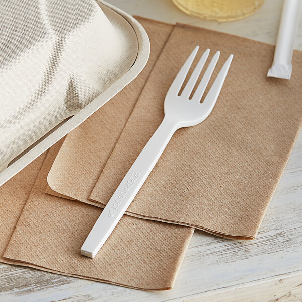 An Eco-Products renewable plant starch fork in white packaging.