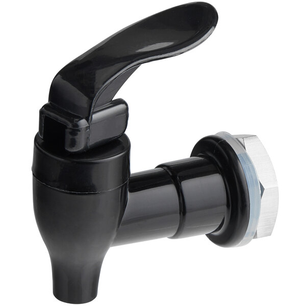 An Avantco black coffee urn faucet with a silver handle.