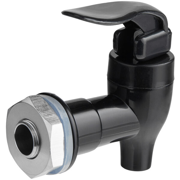 An Avantco coffee urn faucet with a black handle and silver nut.