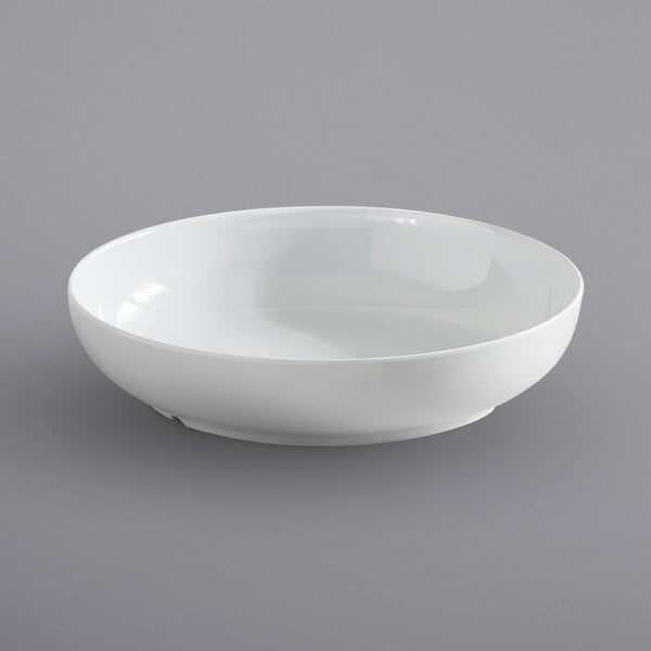 An American Metalcraft white melamine bowl on a gray background.