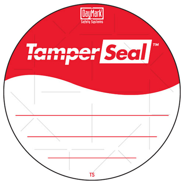 A white DayMark TamperSeal label with red and white text.
