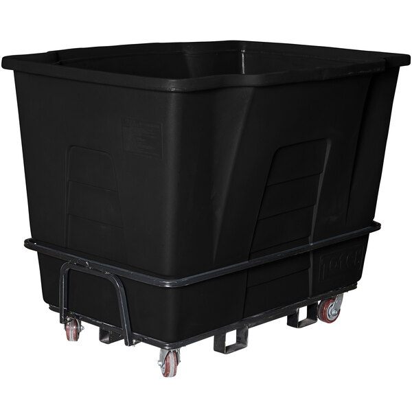 A Toter black plastic waste receptacle on wheels.