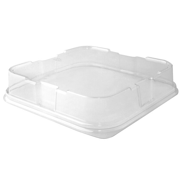 A clear plastic container with a Solut clear plastic dome lid on it.