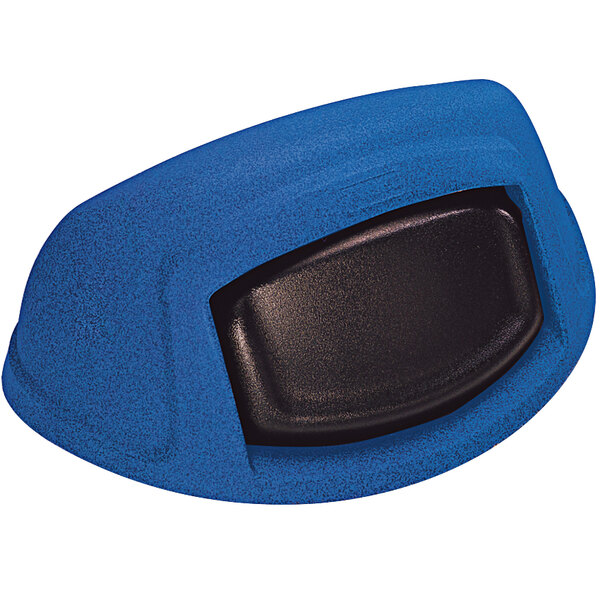 A blue Toter dome top lid with a black push-in door.