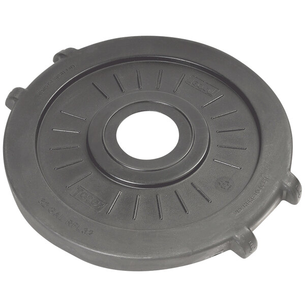 A gray Toter flat lid with a round hole for trash cans.
