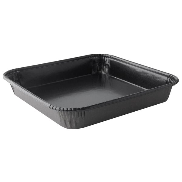 A black Solut oven safe tray with a rolled rim.