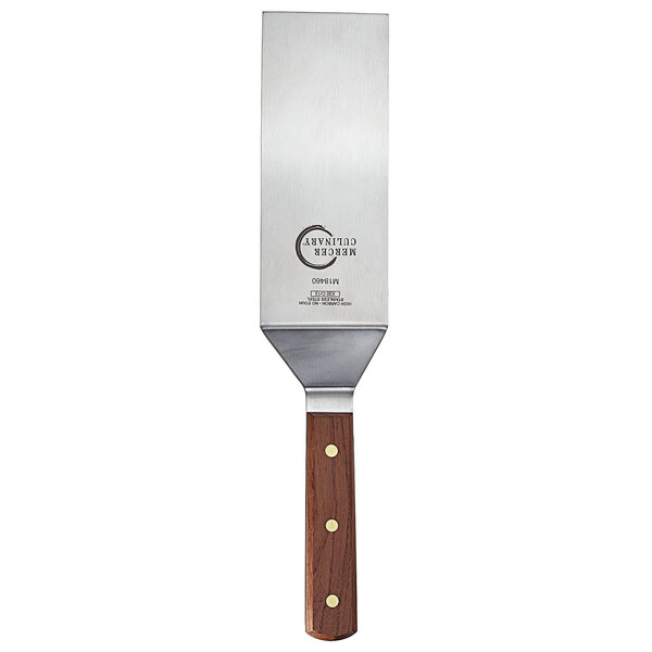A Mercer Culinary Praxis square edge turner with a rosewood handle.