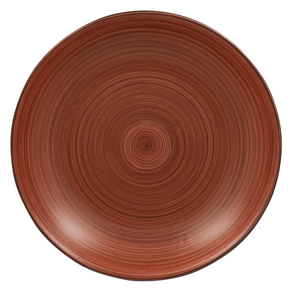 A brown porcelain plate with a circular brown and black spiral pattern.