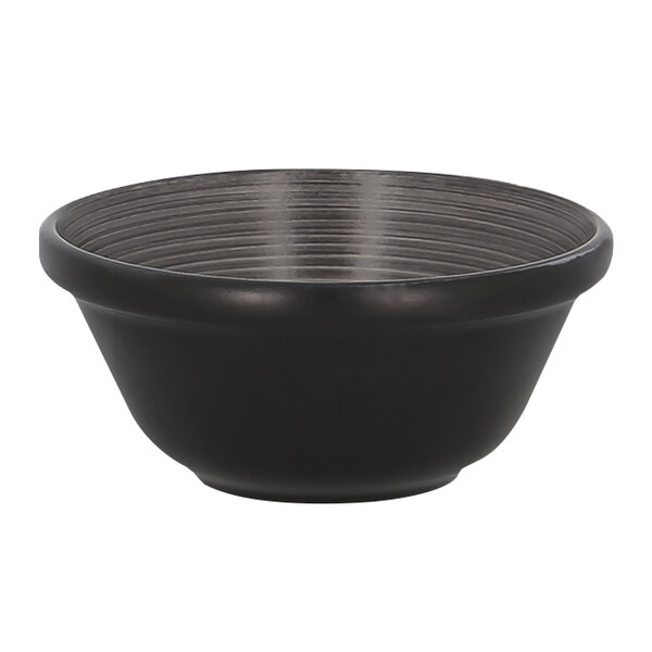 A black bowl with a curved edge and a grey and black stripe design.
