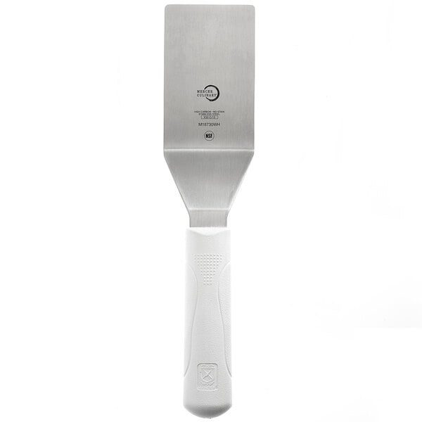 A white Mercer Culinary square edge turner with a white handle.