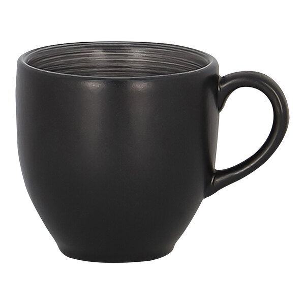 A close up of a RAK Porcelain Trinidad grey and black cup with a handle.