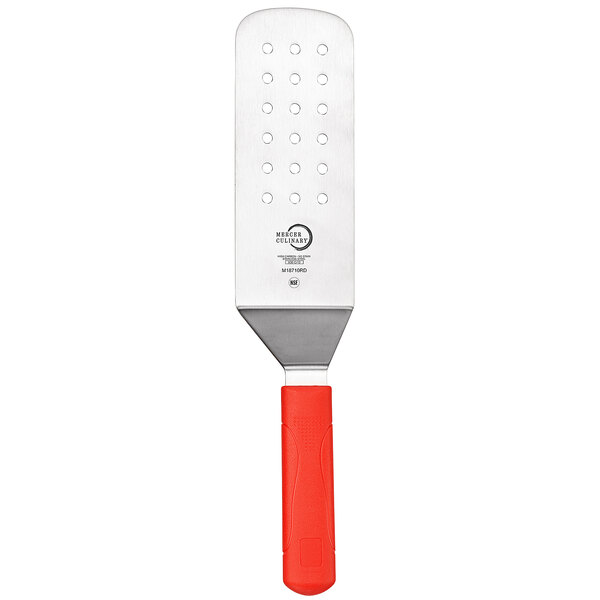 A Mercer Culinary Millennia perforated turner with a red handle.