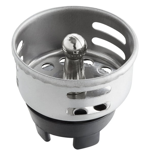 A silver stainless steel 1 1/2" sink basket strainer with a hole in it.
