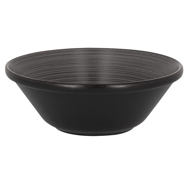 A black RAK Porcelain Trinidad bowl with a grey and black stripe design.