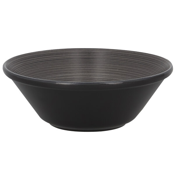 A black bowl with a striped pattern on a white background.