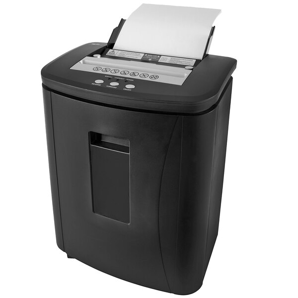 A black and silver Royal Sovereign paper shredder.