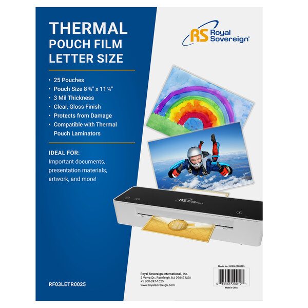 A box of Royal Sovereign letter size thermal laminating pouches.