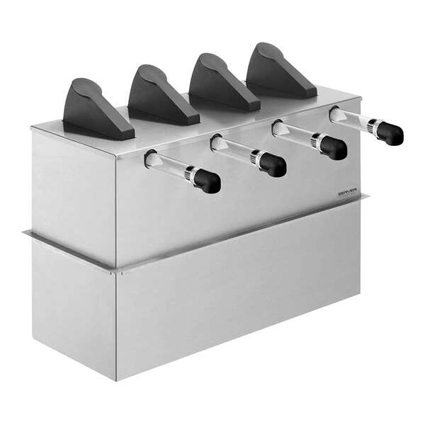 A silver rectangular Server Express Pump Quartet condiment dispenser with black handles on a countertop.