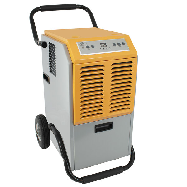 A yellow and grey Royal Sovereign 100 pint dehumidifier with black wheels.
