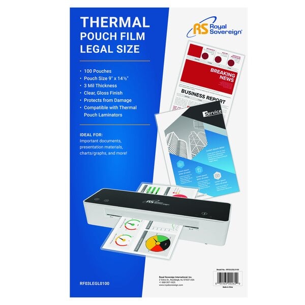 A box of 100 Royal Sovereign legal size thermal laminating pouches.