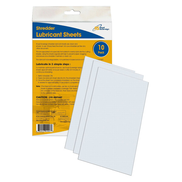 A pack of Royal Sovereign shredder lubricant sheets. Two white sheets on top.
