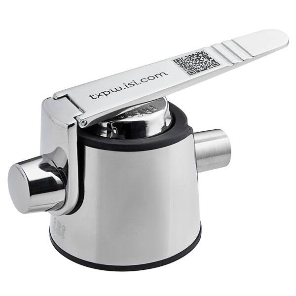 A silver and black iSi Head with Lever on a stainless steel cylinder.