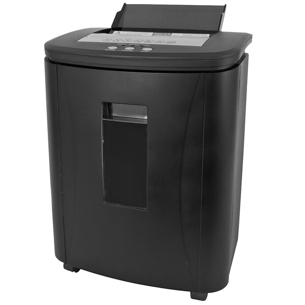A black rectangular Royal Sovereign paper shredder with buttons on the top.