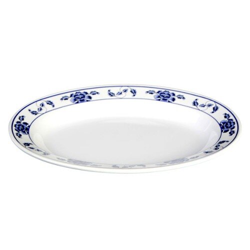A white Thunder Group oval melamine platter with blue lotus flowers on it.