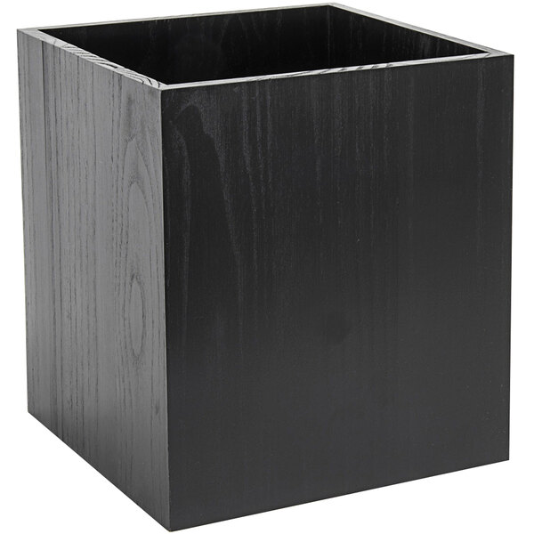 A Room360 black bamboo cube riser with a lid on it.
