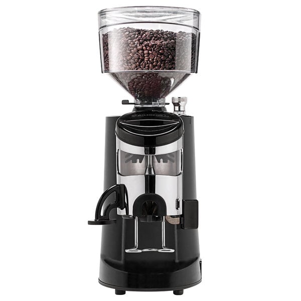 A black and silver Nuova Simonelli MDXSA automatic coffee grinder with a coffee bean.