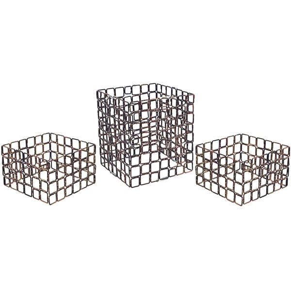 A Front of the House Coppered Link 3-piece fused iron square riser set.