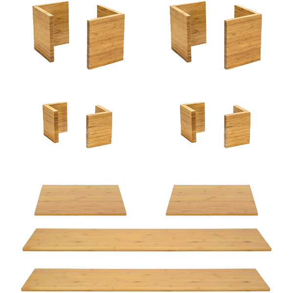 A Front of the House Natural Bamboo L-Shape Riser set with bamboo buffet boards on a wood surface with a white background.