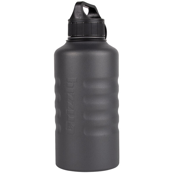 A Grizzly stainless steel water bottle with a textured charcoal grip.