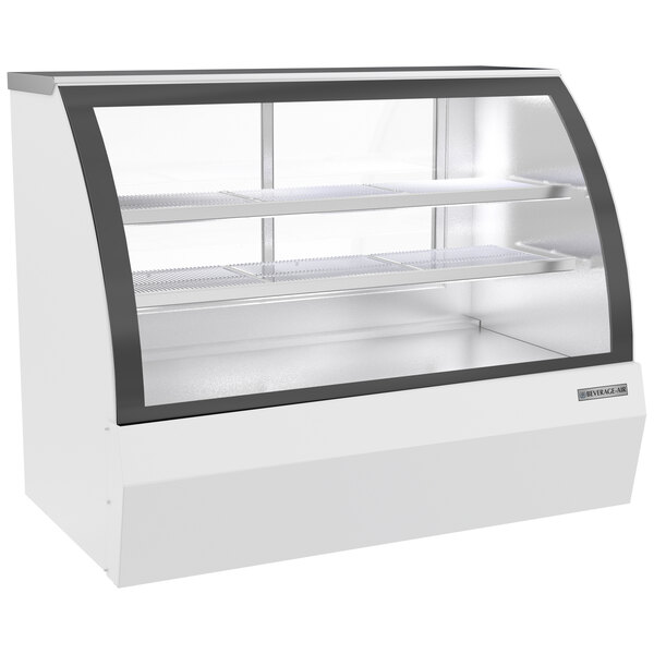 A Beverage-Air white refrigerated bakery/deli display case with curved glass doors.