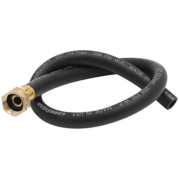 A black reinforced PVC hose with a gold nut.