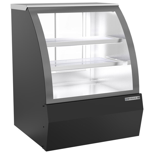 A black Beverage-Air dry bakery display case with a curved glass door.