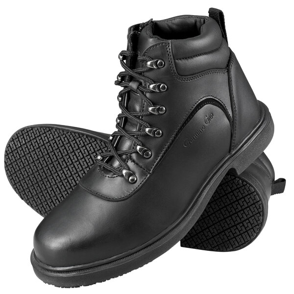 A pair of Genuine Grip black steel toe work boots.