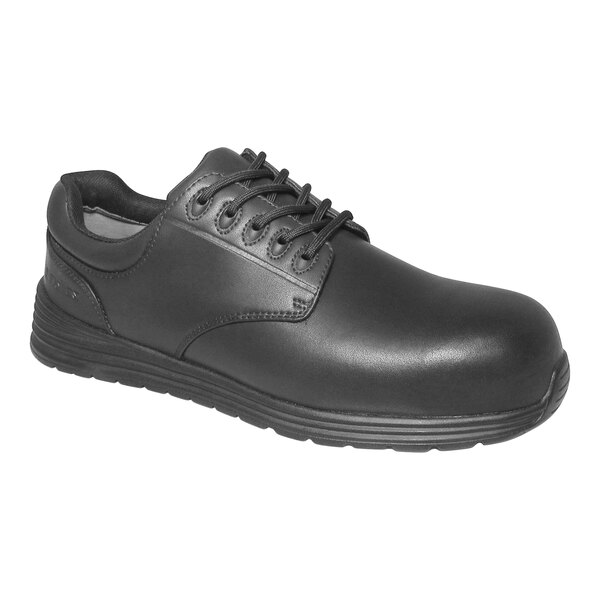 A black Genuine Grip work shoe with laces.